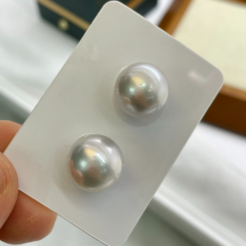 4A 12-13mm Round Australian South Sea Pearl Pair, Natural Gray White Sea Pearls with Strong Luster Slight Blemish for Earrings Jewelry