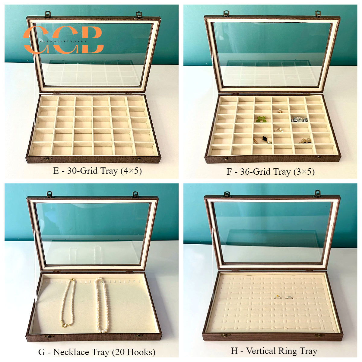 Large Wood Grain Jewelry Display Box with Glass Lid, Storage Tray