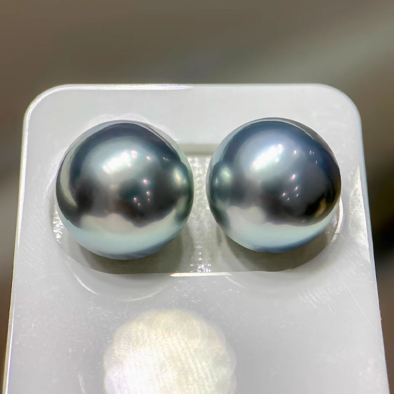 4A 9–14mm Matched Round Tahitian Pearl Pair, Platinum Grey Mirror Luster Sea Pearls, Natural Undrilled Beads for Earrings or Pendant