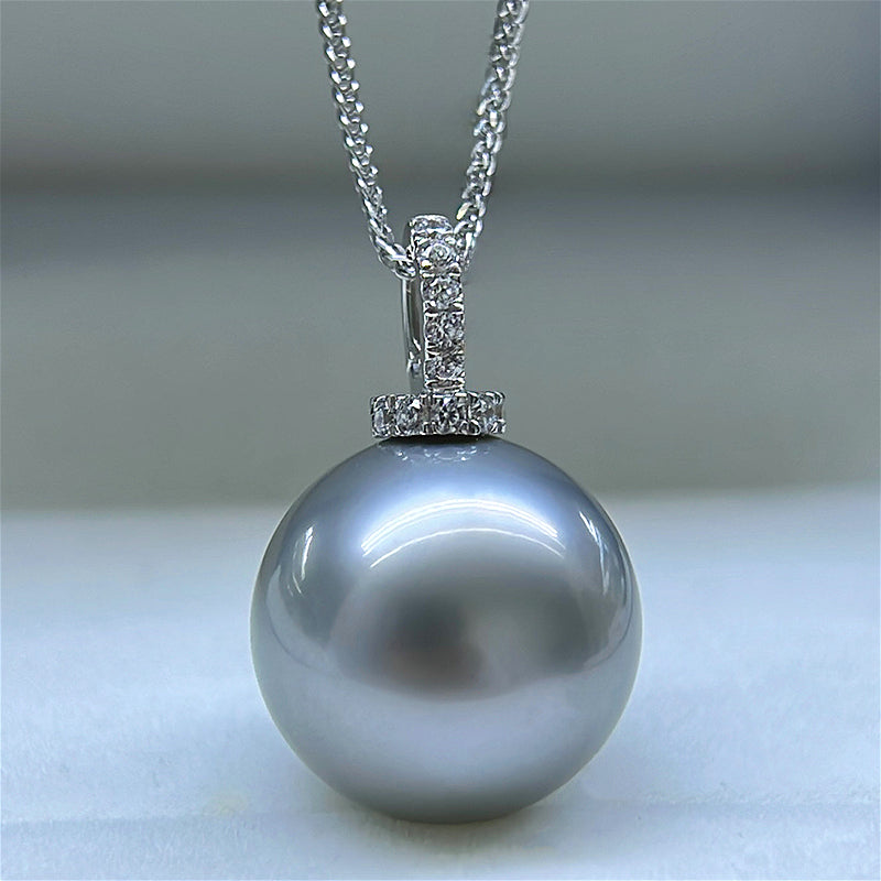 18K Gold 5A Platinum Grey Tahitian Pearl Pendant Necklace, Round High Luster Sea Pearl with Diamond Universal Bail, Pearl Wholesale