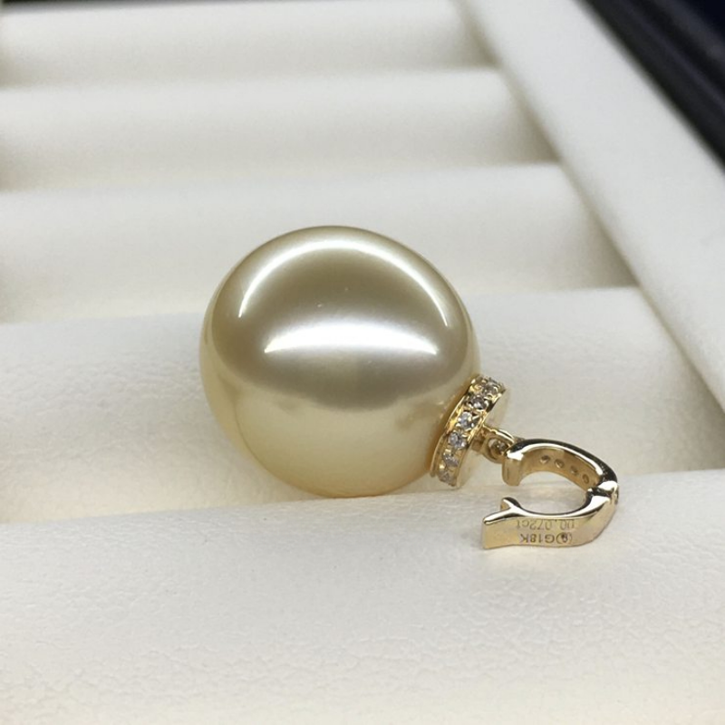 5A 13–14mm Natural Golden South Sea Pearl Pendant, Teardrop Pearl in 18K Gold Diamond Clip Bail, Universal Cap Setting Drop Jewelry