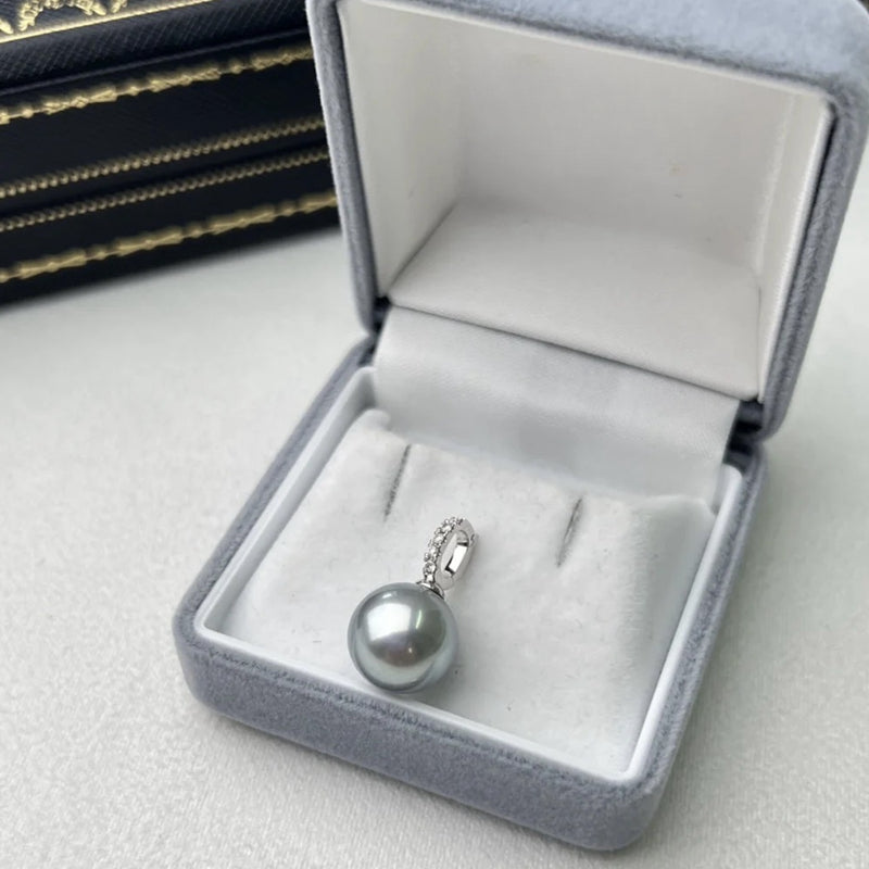 3A 10–15mm Platinum Grey Tahitian Pearl Pendant, Round Natural Pearl in 18K White Gold Zircon Bail, Strong Luster, Silver Chain Included