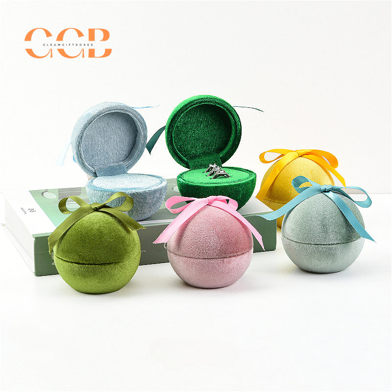 Round velvet jewelry ring box with ribbon single double triple slot gift packaging for wedding engagement proposal display custom logo