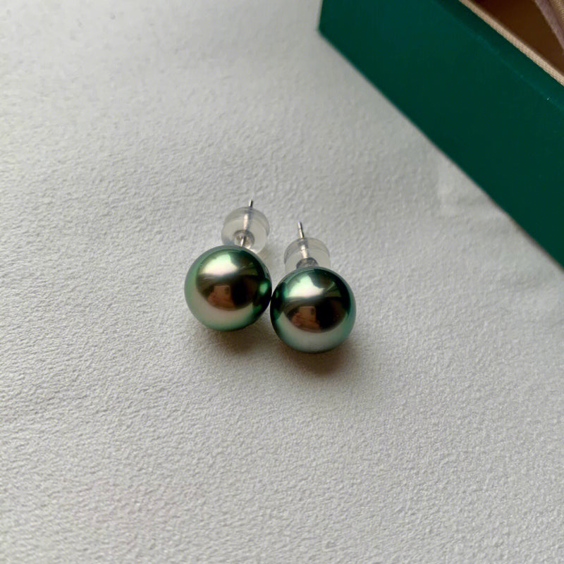 4A 8-14mm Nearly Flawless Tahitian Black Pearl Earrings Custom in 18K Yellow or White Gold Natural Round Seawater Peacock Green Pearl
