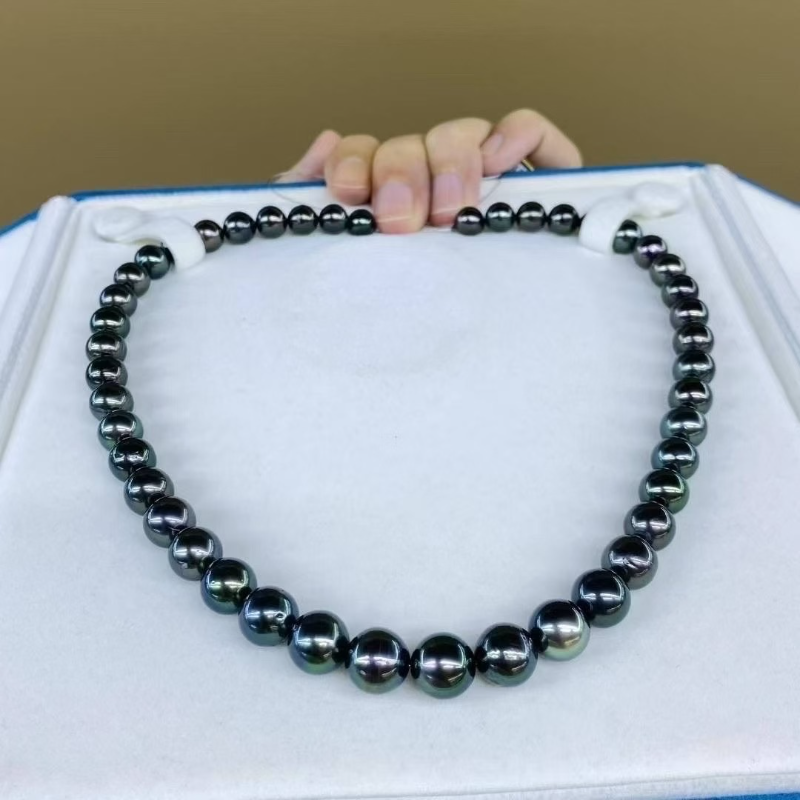 3A 8-11mm Tahitian Pearl Necklace, Natural Black Peacock Green Saltwater Pearls with Aurora Strong Luster, Near Round Strand Jewelry