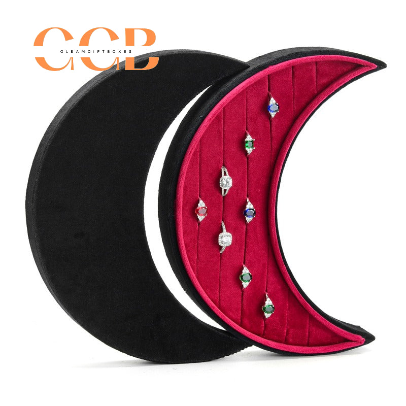 Crescent Moon-Shaped Velvet Ring Box, Black Exterior with Red Quilted Lining, Unique Holder for Engagement & Wedding Rings, Gothic & Celestial Themed