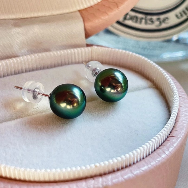 4A 8-14mm Nearly Flawless Tahitian Black Pearl Earrings Custom in 18K Yellow or White Gold Natural Round Seawater Peacock Green Pearl