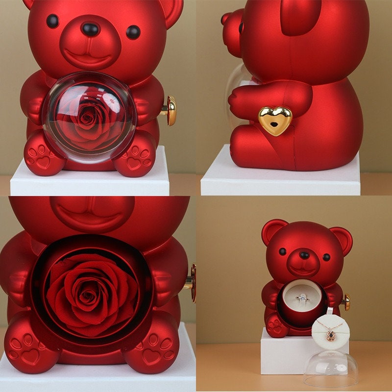 Preserved Flower Teddy Bear Rose Ring and Pendant Box