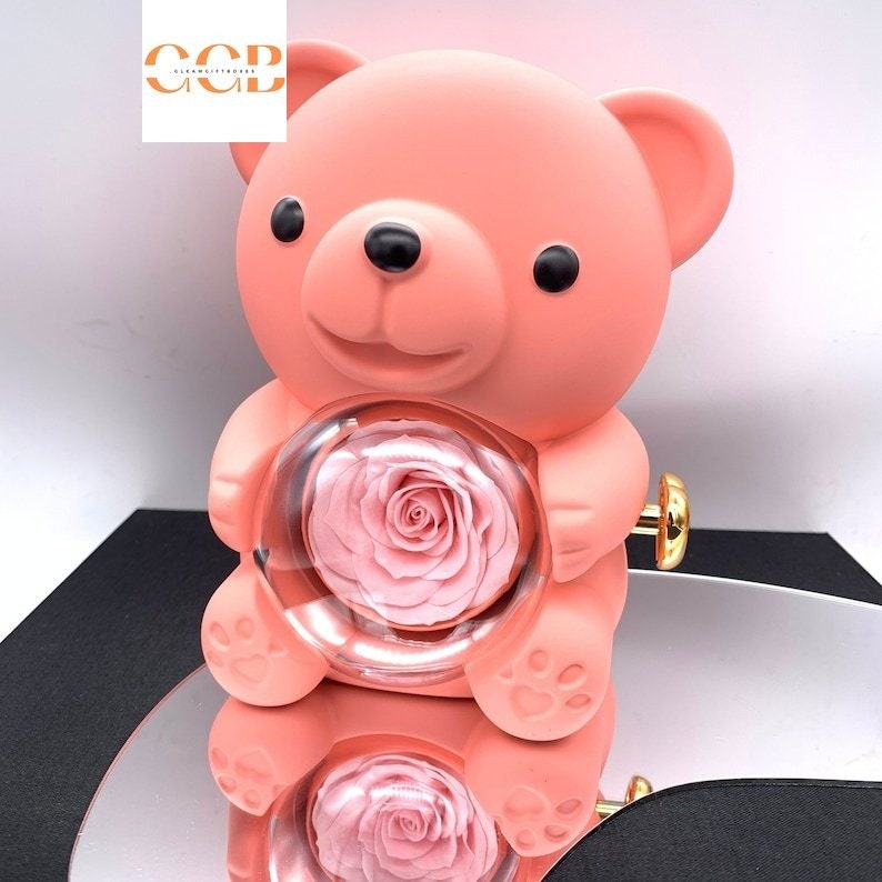 Preserved Flower Teddy Bear Rose Ring and Pendant Box