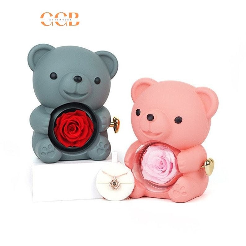 Preserved Flower Teddy Bear Rose Ring and Pendant Box