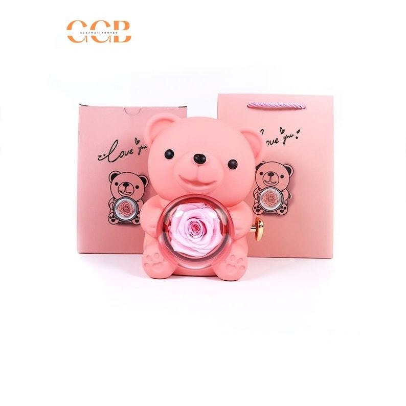 Preserved Flower Teddy Bear Rose Ring and Pendant Box