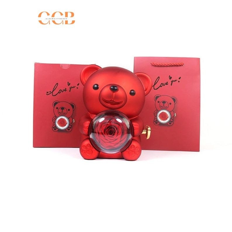 Preserved Flower Teddy Bear Rose Ring and Pendant Box
