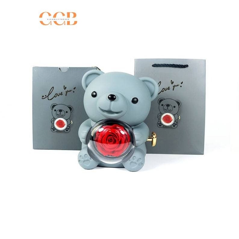Preserved Flower Teddy Bear Rose Ring and Pendant Box