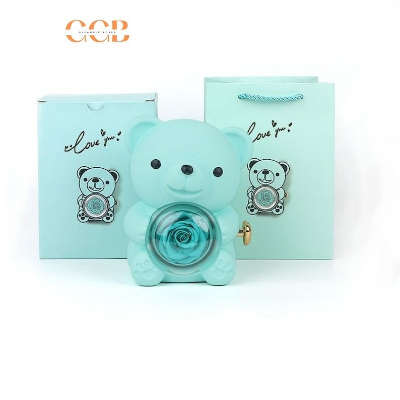 Preserved Flower Teddy Bear Rose Ring and Pendant Box