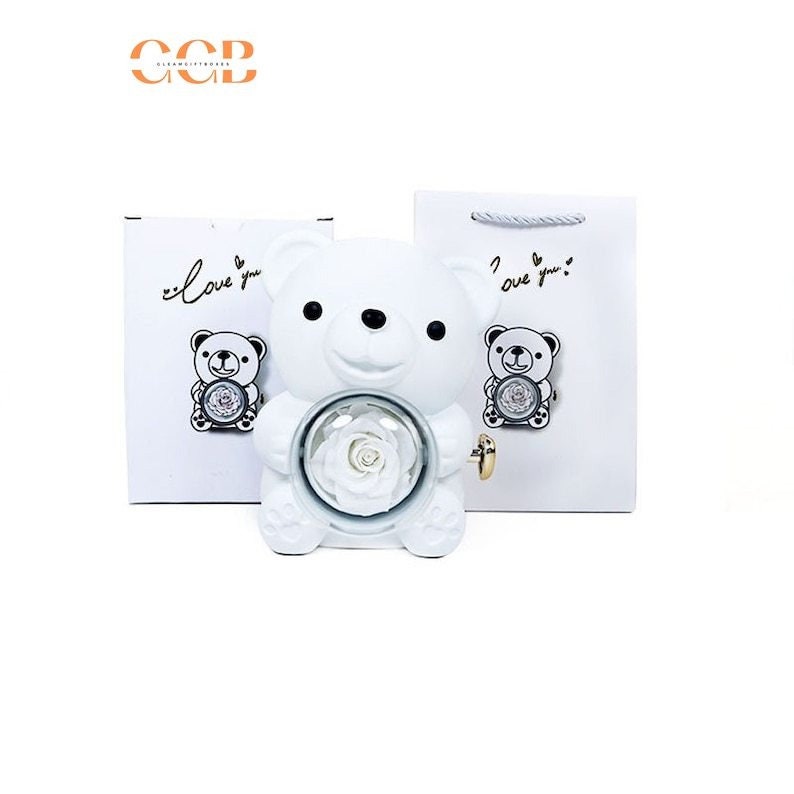 Preserved Flower Teddy Bear Rose Ring and Pendant Box