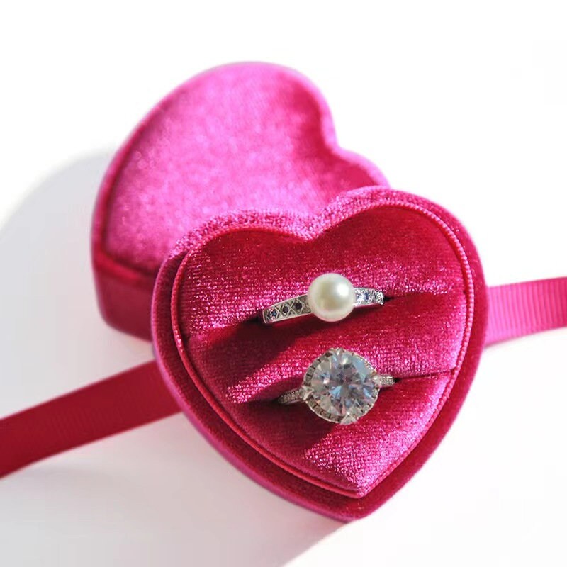 Fluro Pink Velvet Ring Double Slot Ring Box for Wedding Ceremony