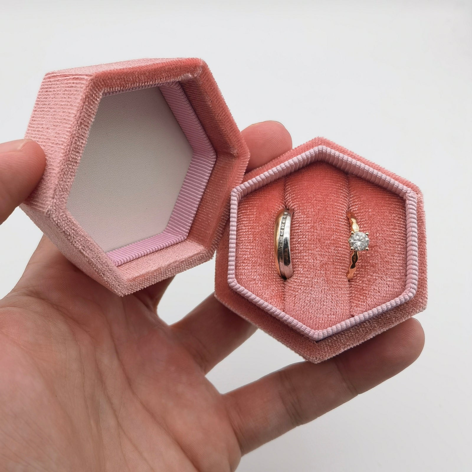 Pink Velvet Ring Double Slot Ring Box for Wedding Ceremony