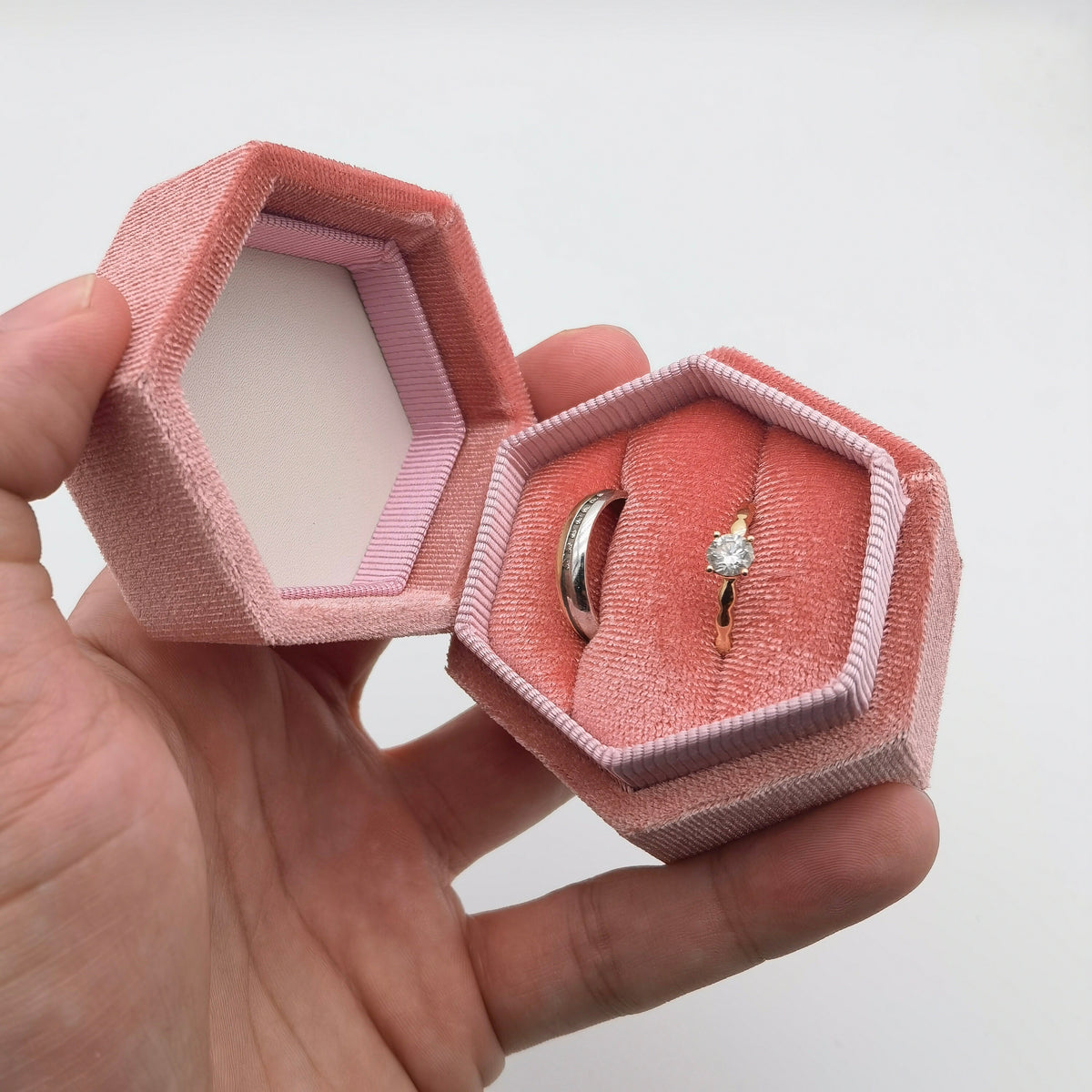 Pink Velvet Ring Double Slot Ring Box for Wedding Ceremony