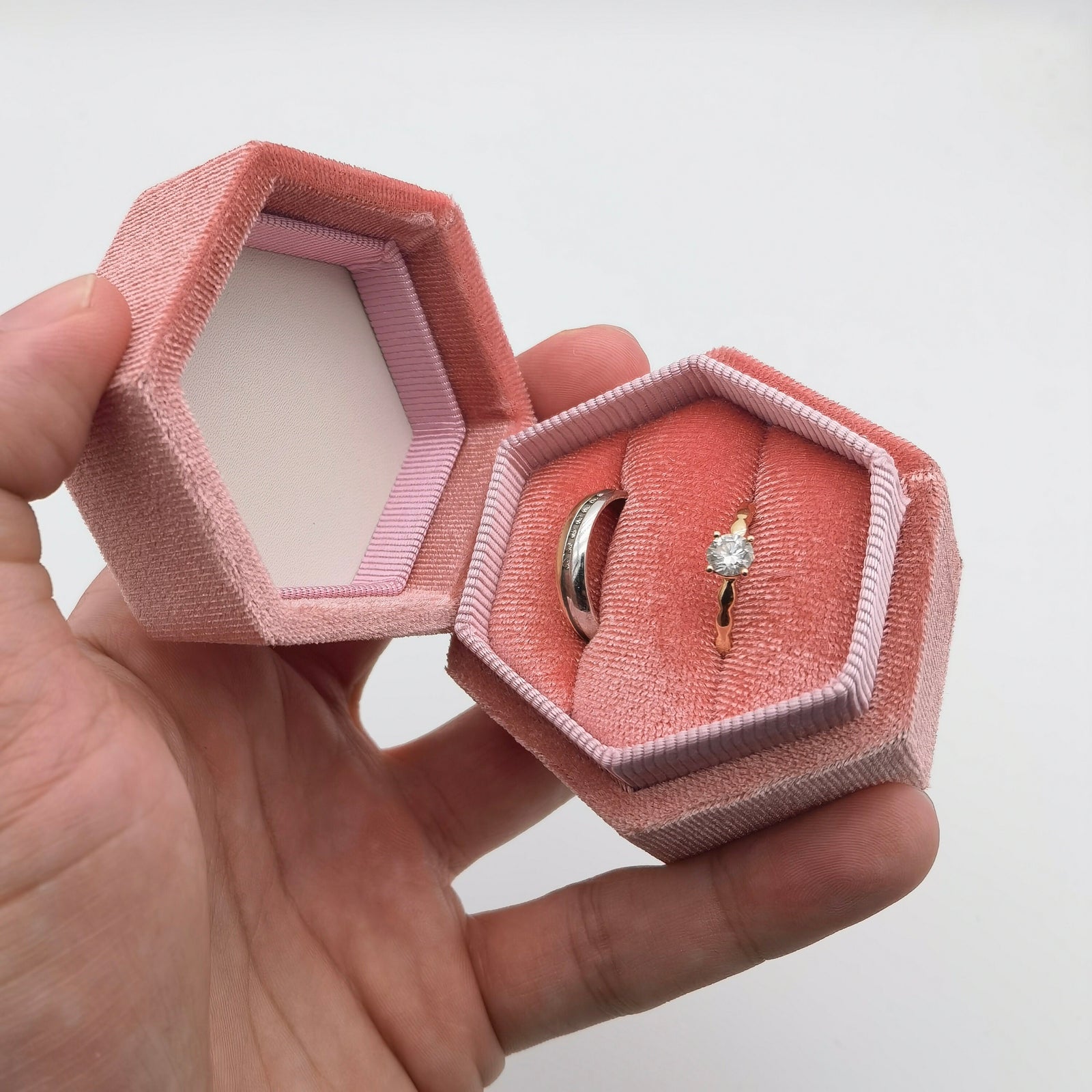 Pink Velvet Ring Double Slot Ring Box for Wedding Ceremony