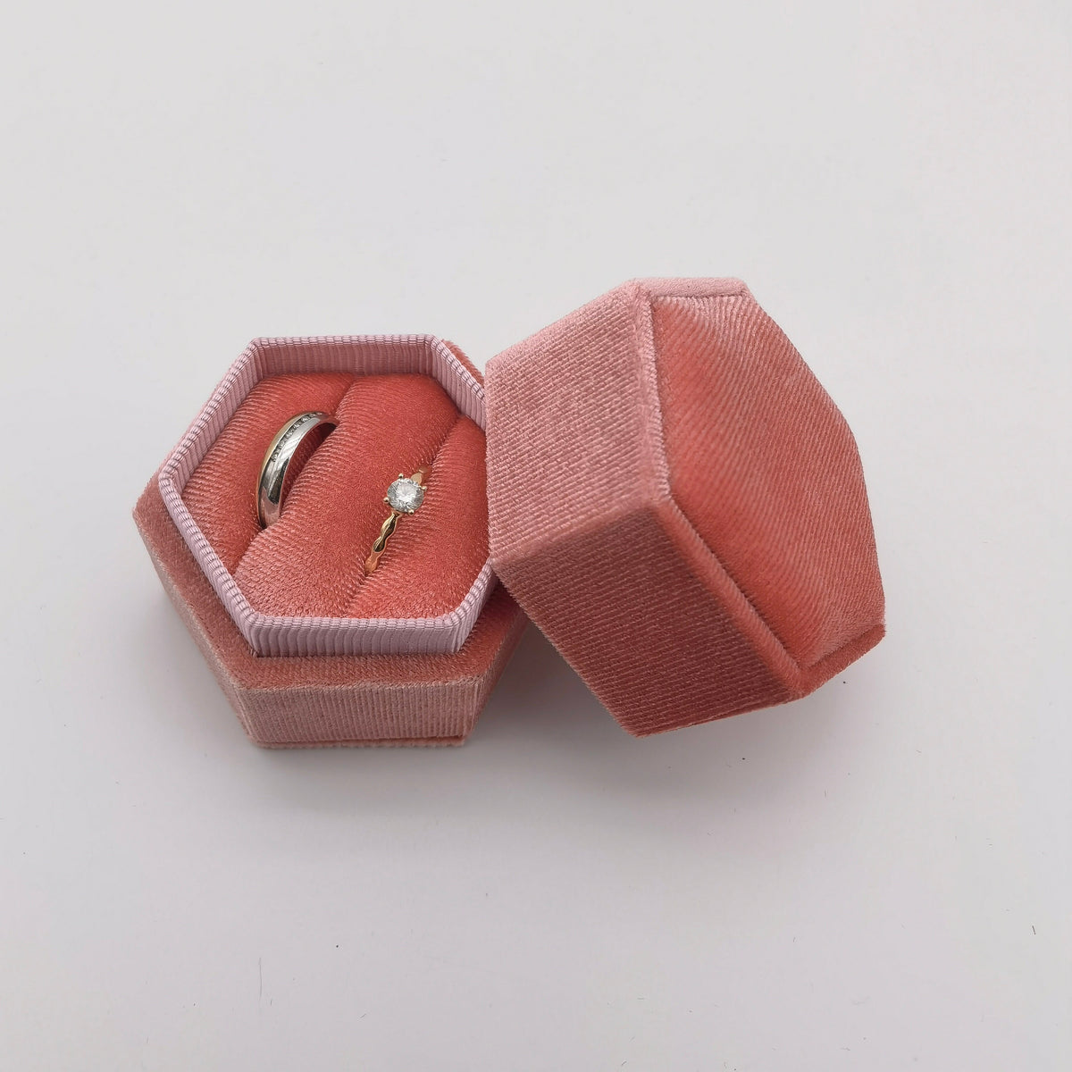Pink Velvet Ring Double Slot Ring Box for Wedding Ceremony