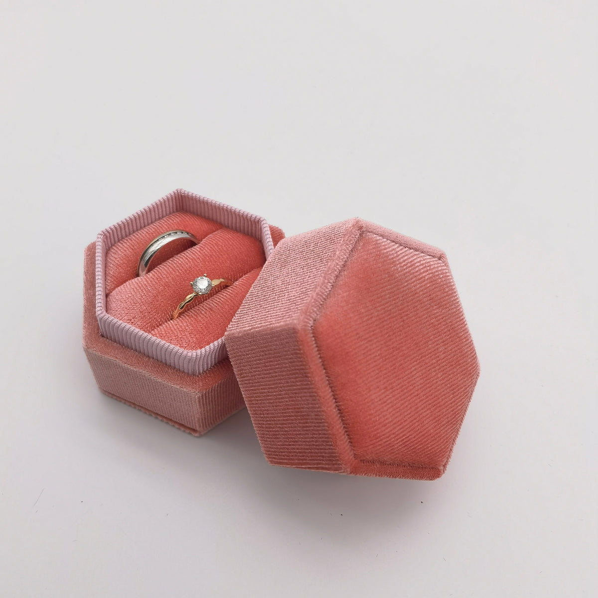 Pink Velvet Ring Double Slot Ring Box for Wedding Ceremony