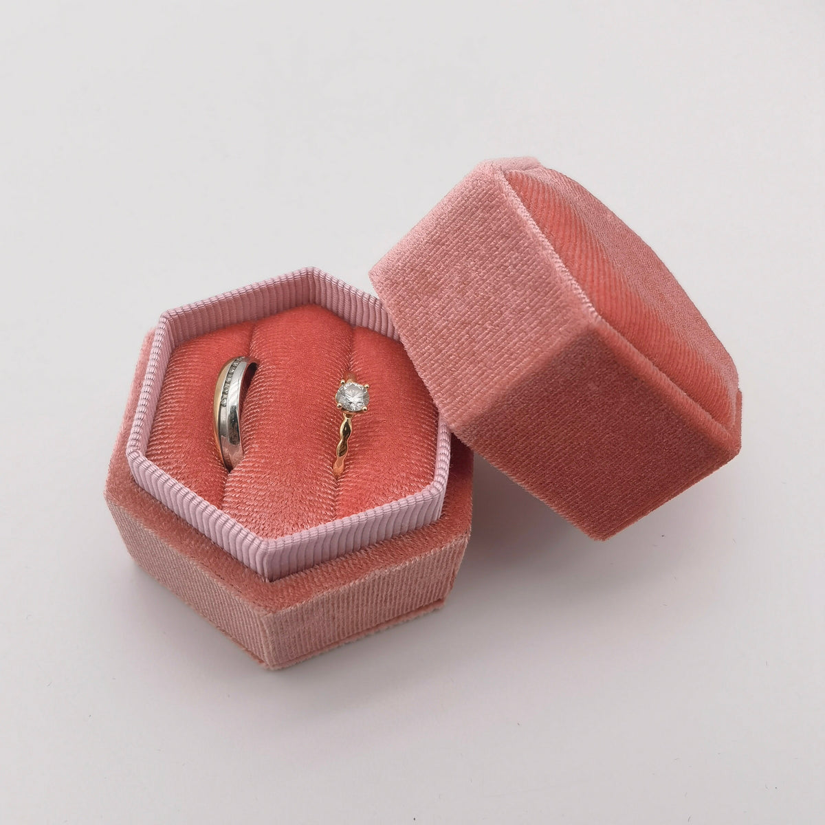 Pink Velvet Ring Double Slot Ring Box for Wedding Ceremony