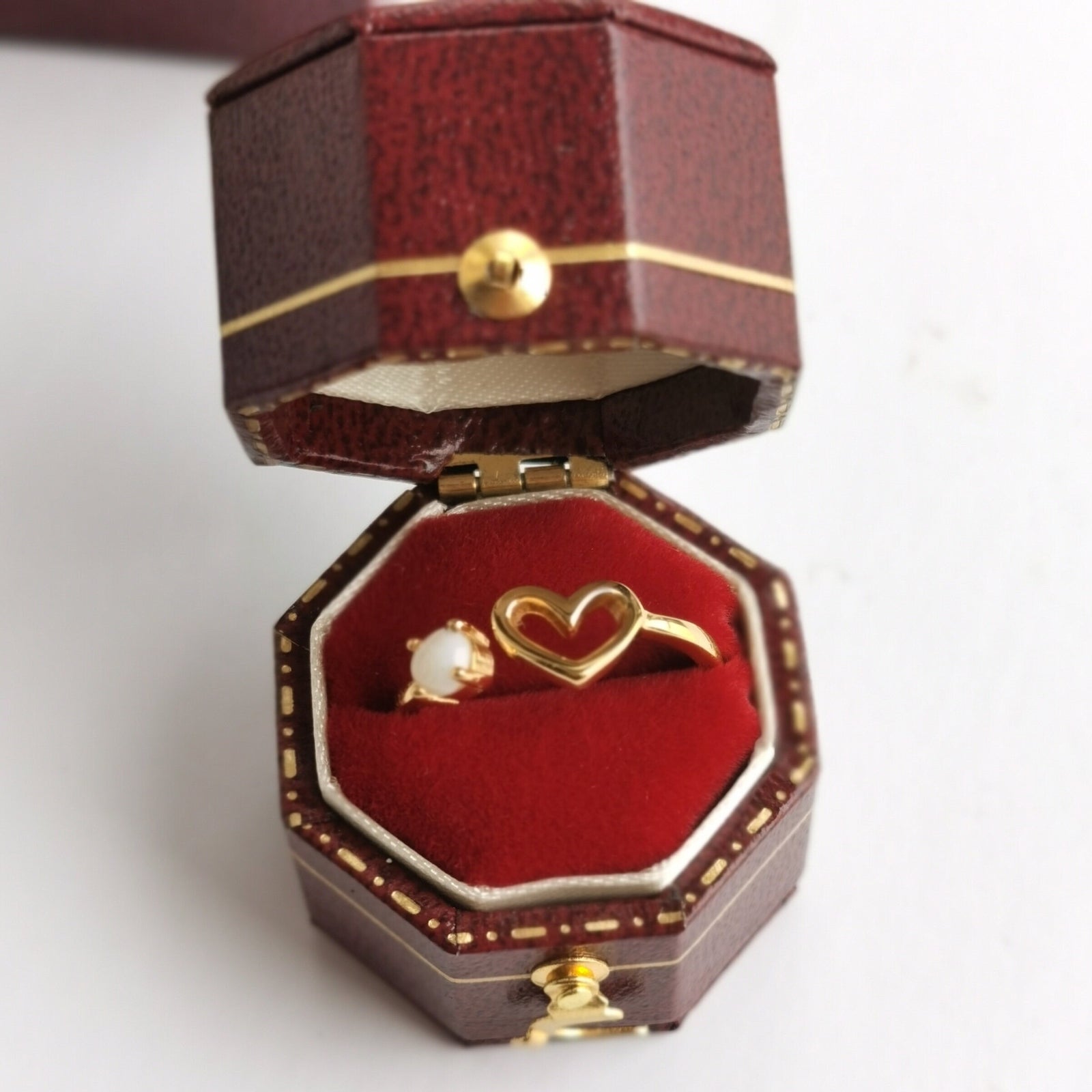 Vintage Style Octagon Hexagon Burgundy Red Ring Box Handmade, Engagement & Wedding Set Elegant Keepsake Box, Vintage Ring Box