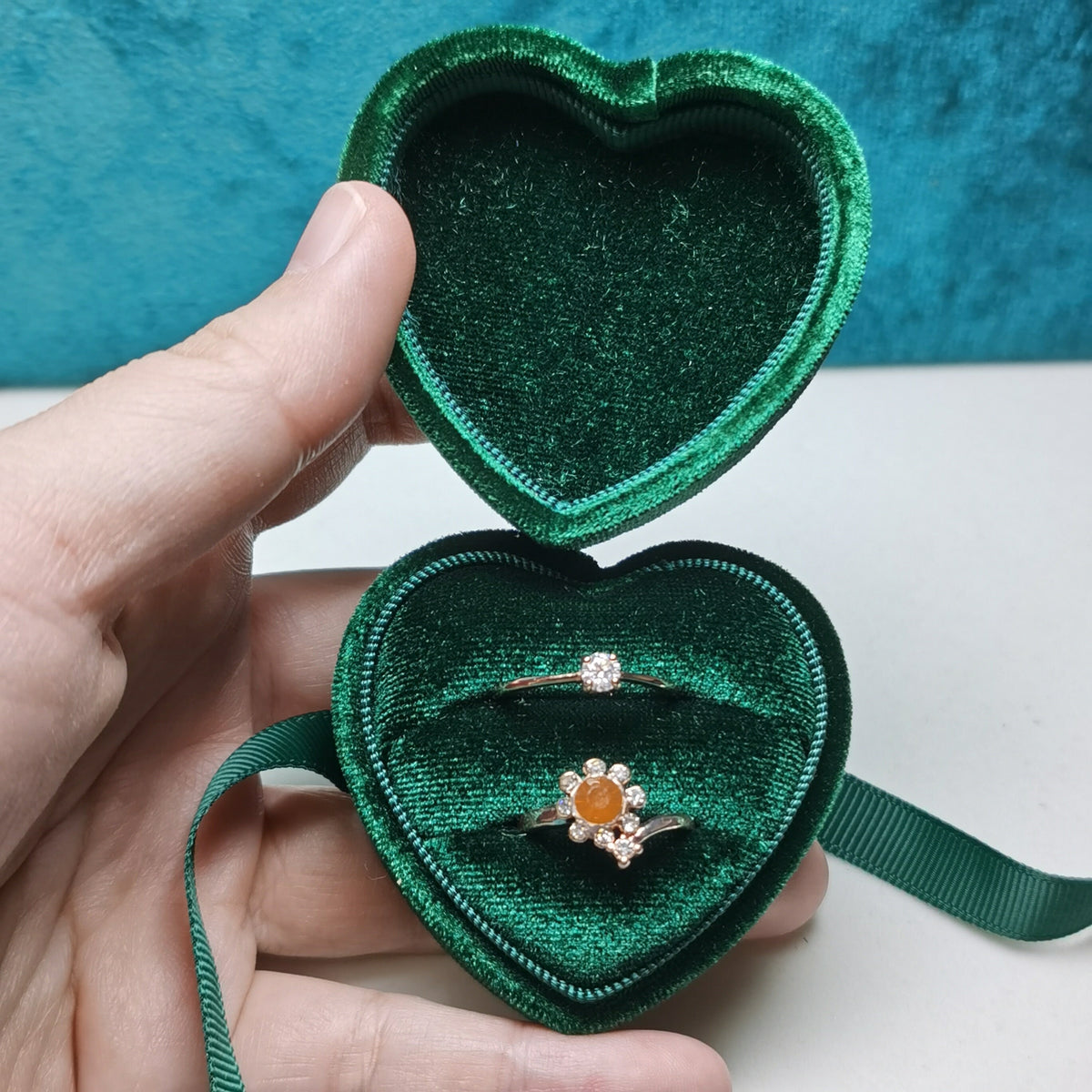 Green Velvet Ring Double Slot Ring Box for Wedding Ceremony