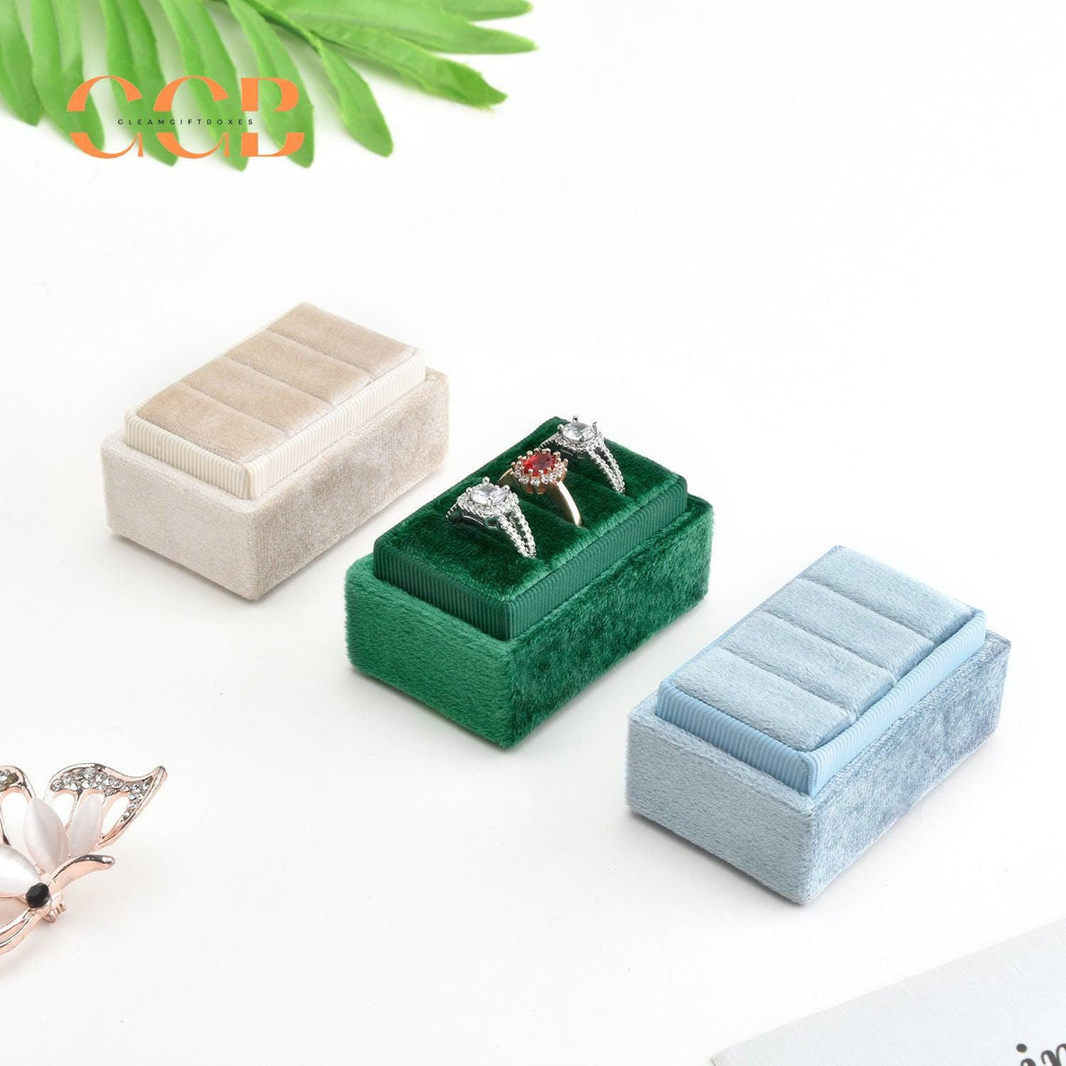 Triple Slot Rectangle Velvet Ring Box