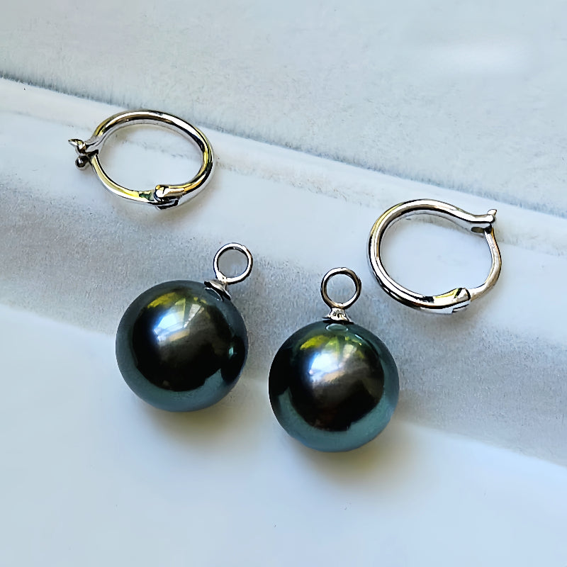 18K Gold 4A 8-11mm Tahitian Black Pearl Earrings, Round High Luster Peacock Green Sea Pearls, Convertible Ear Clips, Pearl Wholesale