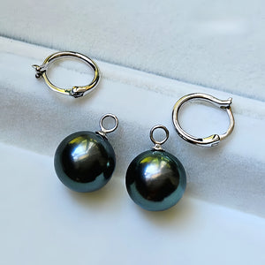 18K Gold 4A 8-11mm Tahitian Black Pearl Earrings, Round High Luster Peacock Green Sea Pearls, Convertible Ear Clips, Pearl Wholesale