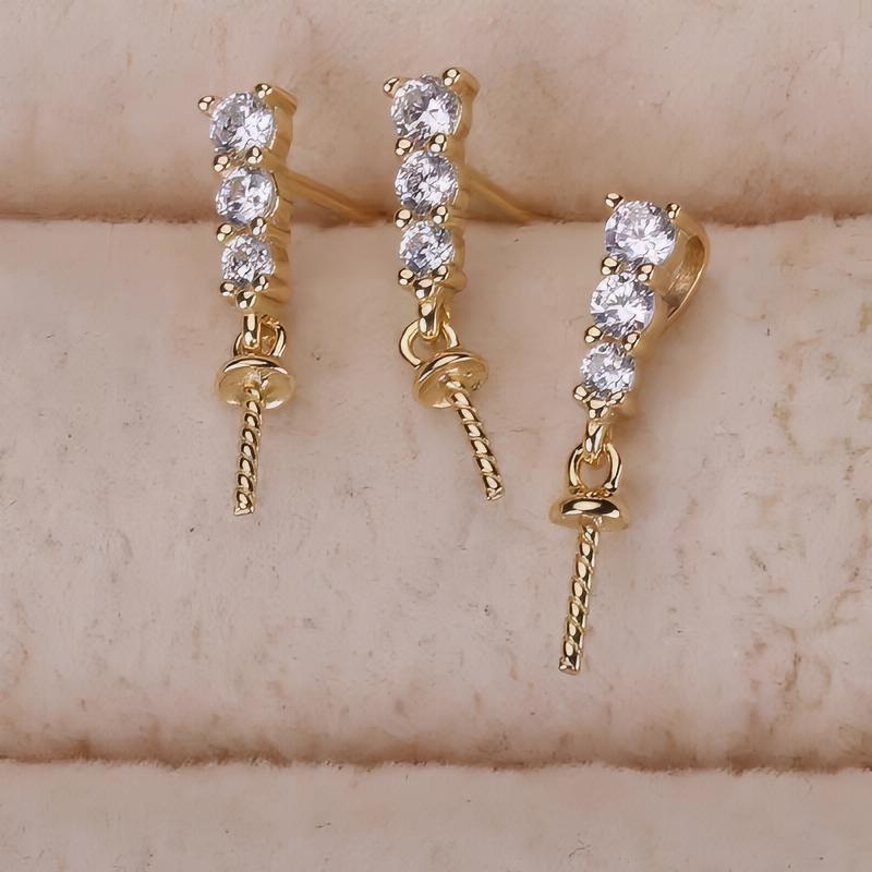 DIY Pearl Accessories Set S925 Silver Three Diamond Princess Style Classic Pendant Earrings Set Accessories Empty Holder