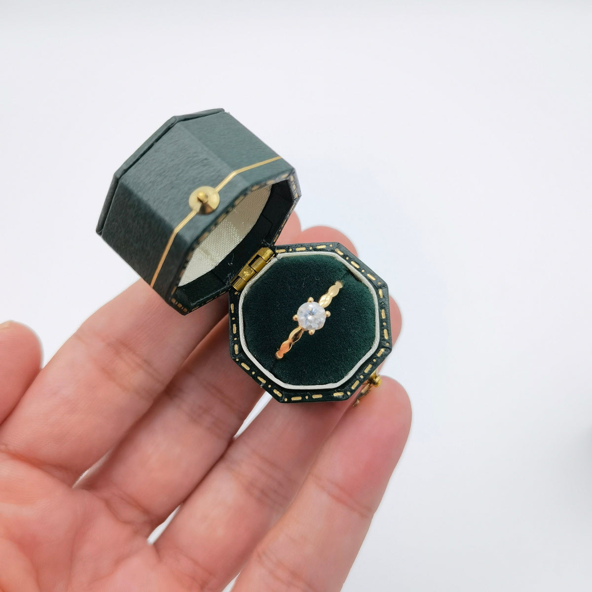 Vintage Style Octagon Hexagon Green Ring Box Handmade, Engagement & Wedding Set Elegant Keepsake Box, Vintage Ring Box