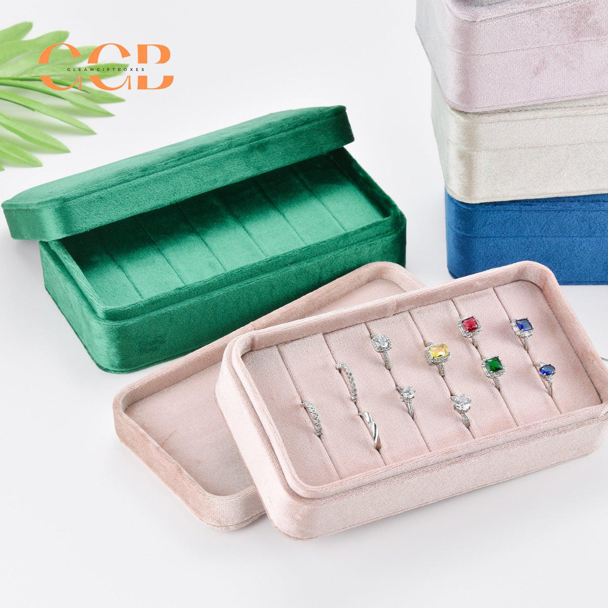 Rectangular velvet ring display box and tray