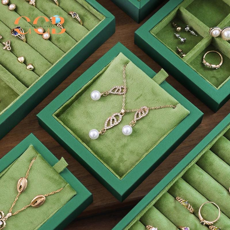 Green Velvet Jewelry Tray Organizer for Necklaces Rings Earrings