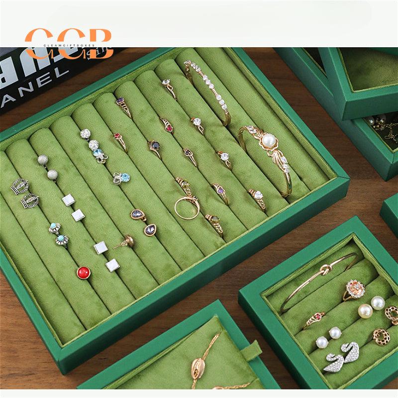 Green Velvet Jewelry Tray Organizer for Necklaces Rings Earrings