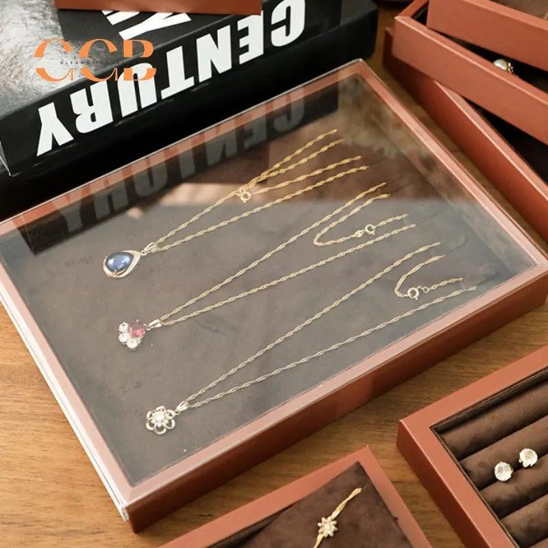 Brown Velvet Jewelry Box with Cover for Travel and Retail Display