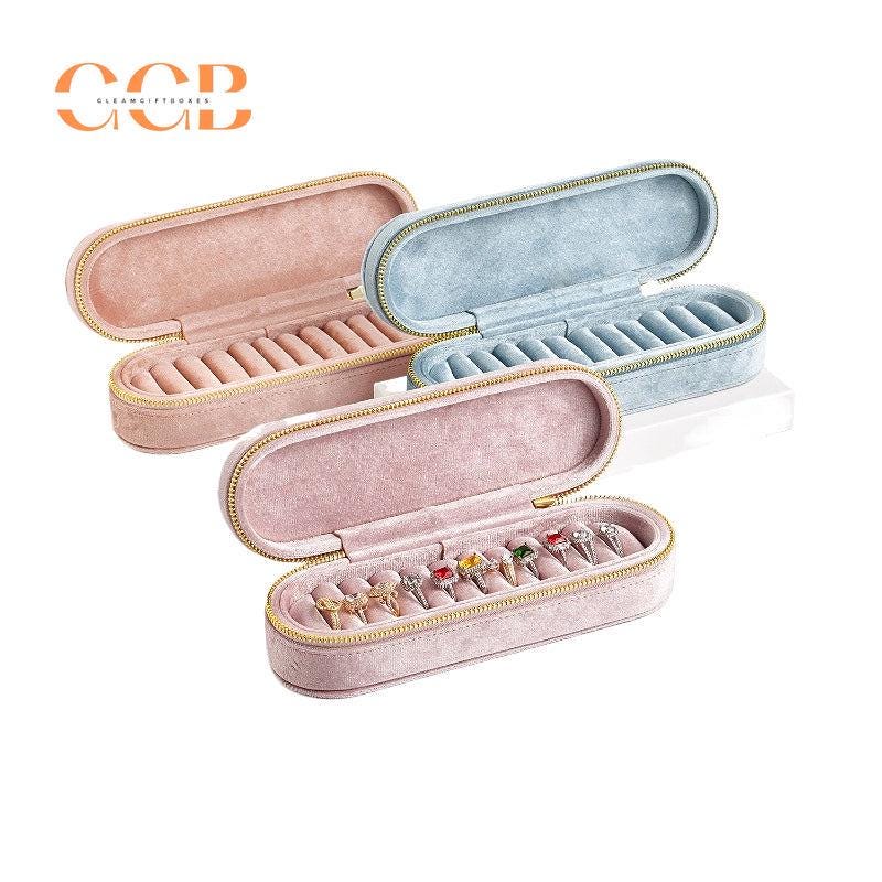 Slim rectangular velvet ring display box and tray, zipper box, ring organizer, jewelry display box, jewelry storage box, travel jewelry case