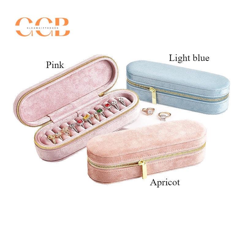 Slim rectangular velvet ring display box and tray, zipper box, ring organizer, jewelry display box, jewelry storage box, travel jewelry case