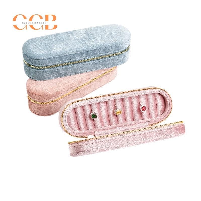 Slim rectangular velvet ring display box and tray, zipper box, ring organizer, jewelry display box, jewelry storage box, travel jewelry case