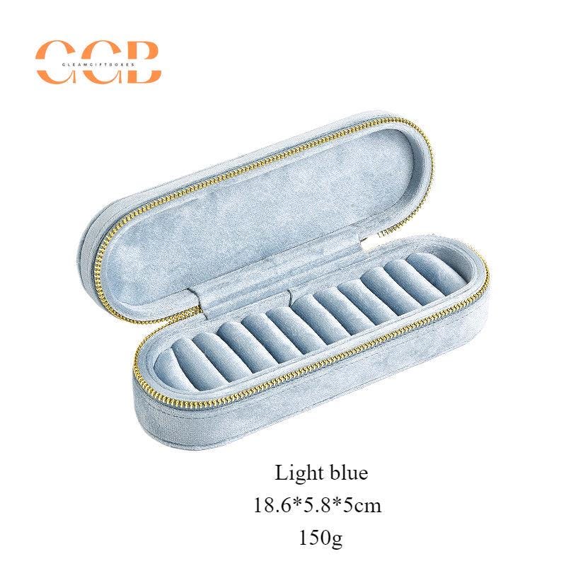 Slim rectangular velvet ring display box and tray, zipper box, ring organizer, jewelry display box, jewelry storage box, travel jewelry case