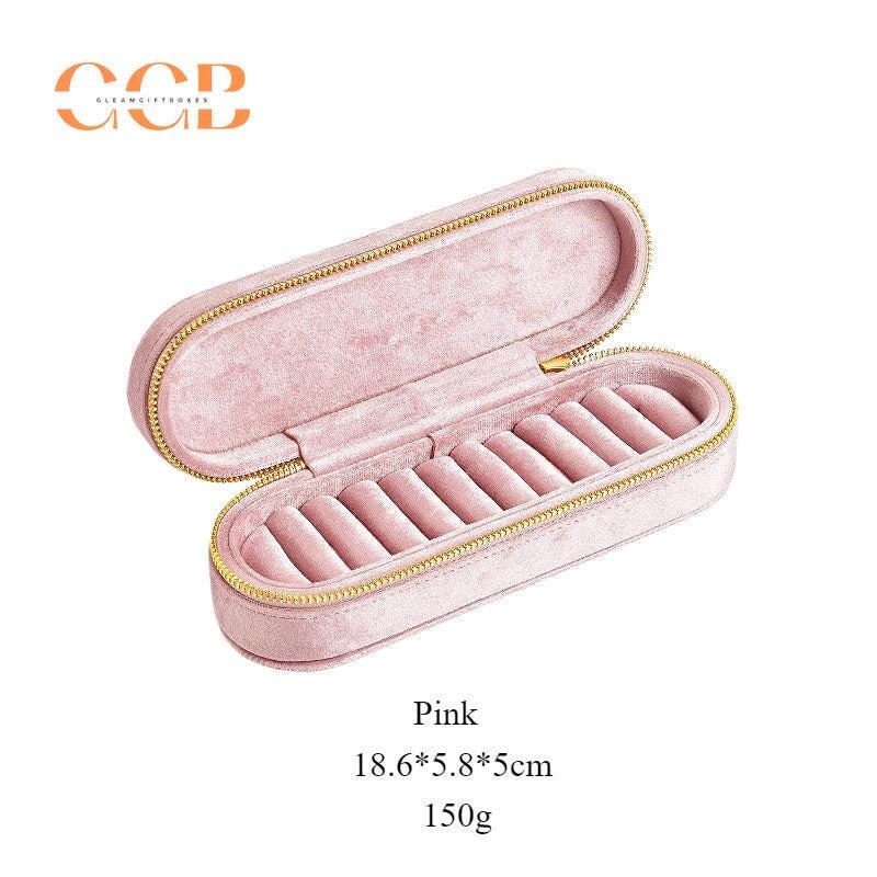 Slim rectangular velvet ring display box and tray, zipper box, ring organizer, jewelry display box, jewelry storage box, travel jewelry case
