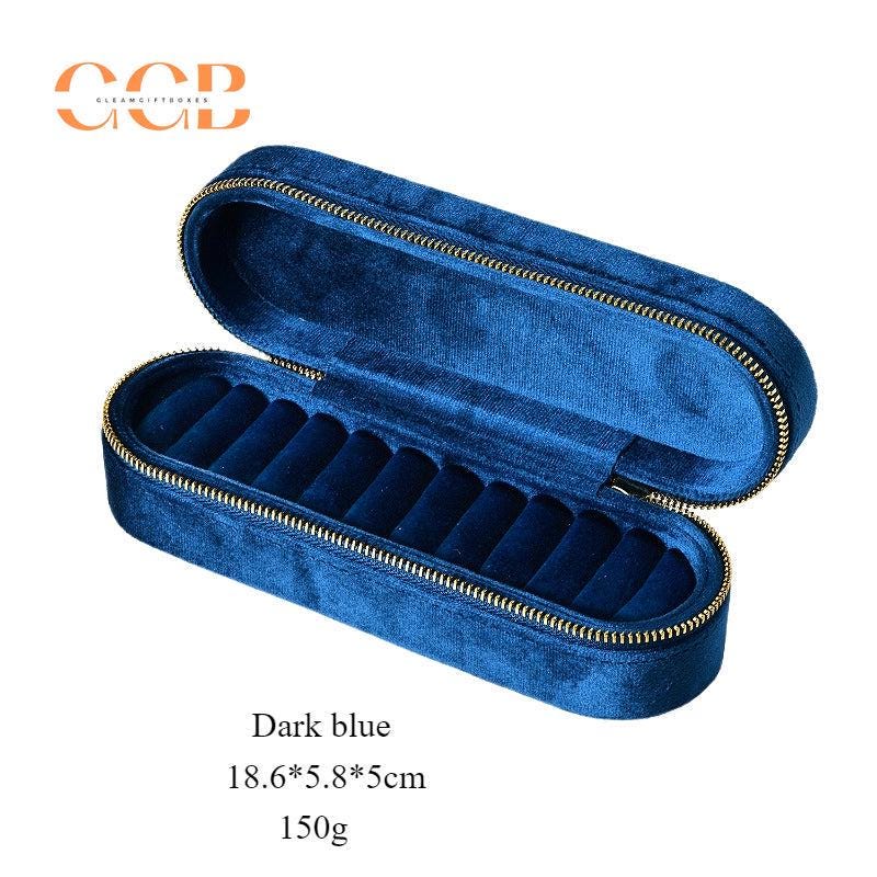 Slim rectangular velvet ring display box and tray, zipper box, ring organizer, jewelry display box, jewelry storage box, travel jewelry case