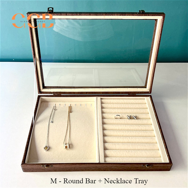 Large Wood Grain Jewelry Display Box with Glass Lid, Storage Tray