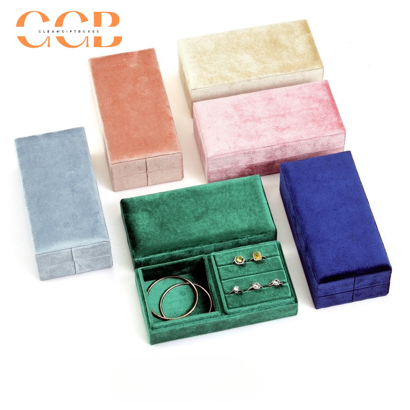 Rectangular Velvet Jewellery Box，Velvet Jewelry Box with Divided Compartments, Ring Slots & Bracelet Section, Vanity & Drawer Storage