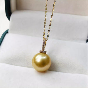 18K Gold 4A 9-14mm Golden South Sea Pearl Pendant Necklace, Round High Luster Pearl with Diamond Bail, Luxury Jewelry, Pearl Wholesale