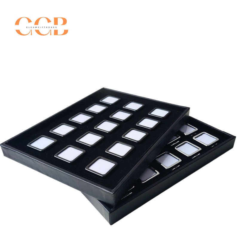 Square Metal Gemstone Display Tray with Glass Top Storage Boxes