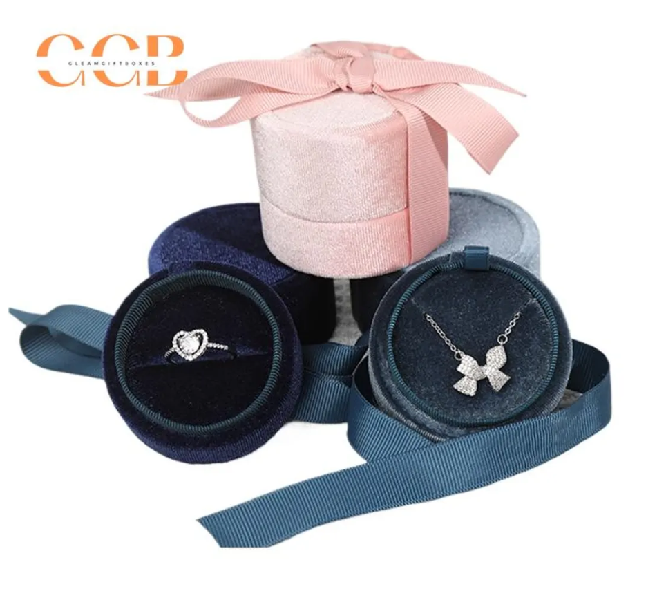 Cylinder Bowtie Ribbon Velvet Ring and Pendant Box