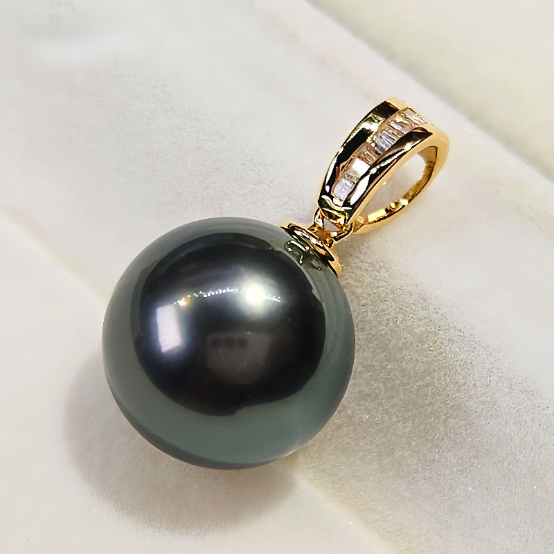 18K Gold 3A 8-13mm Tahitian Black Pearl Pendant Necklace, Round High Luster Sea Pearl with Diamond Bail, Luxury Jewelry, Pearl Wholesale