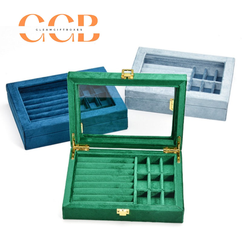 Lockable Clear-Lid Velvet Ring Display Box, Lockable Jewelry Organizer for Rings, Earrings & Studs, Vanity & Retail Display